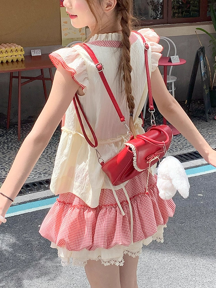 Mushroom Homie Fairy Sleeve Blouse & Plaid Puff Skirt-ntbhshop