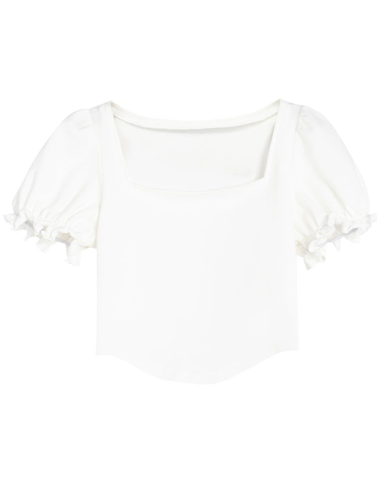 Solid Color Puff Sleeve Square Collar Tee-ntbhshop