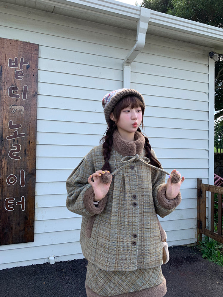 Tweed Teddy Pompom Coat & Skirt-ntbhshop