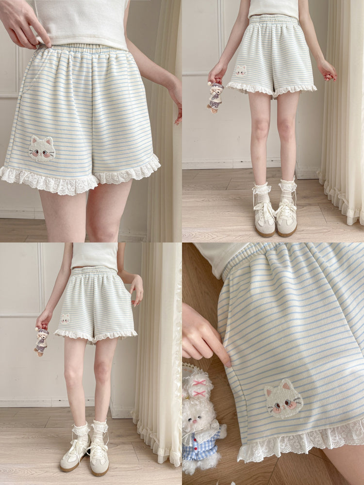 Kitty Stripe Lounge Shorts-Bottoms-ntbhshop