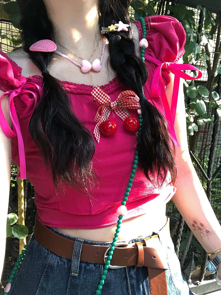 Sweet Dopamine Puff Sleeve Cherry Bow Crop Tops-ntbhshop