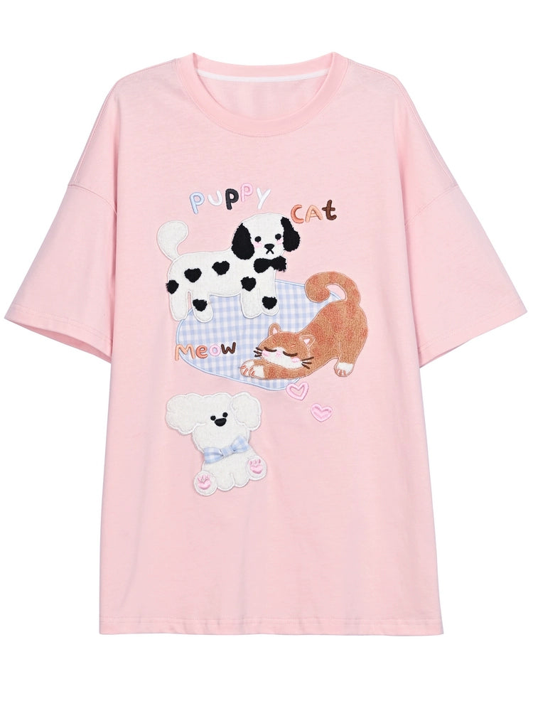 Puppy Cat Party Cute Pink Patch Tee-ntbhshop