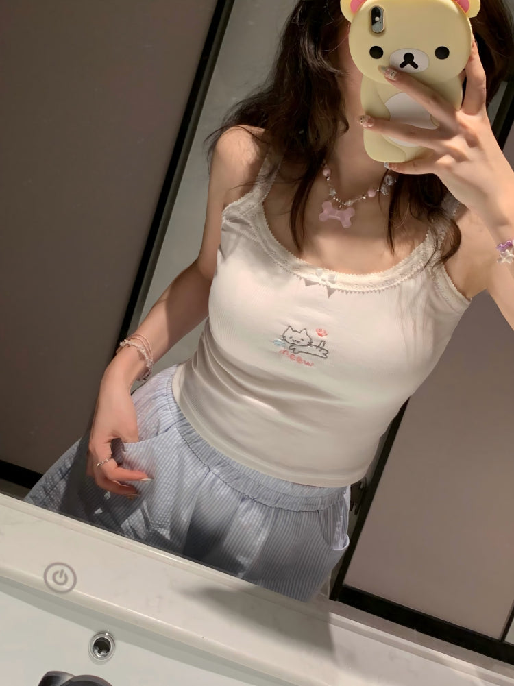 Meow Love Fish Ribbed Camisole-Tops-ntbhshop