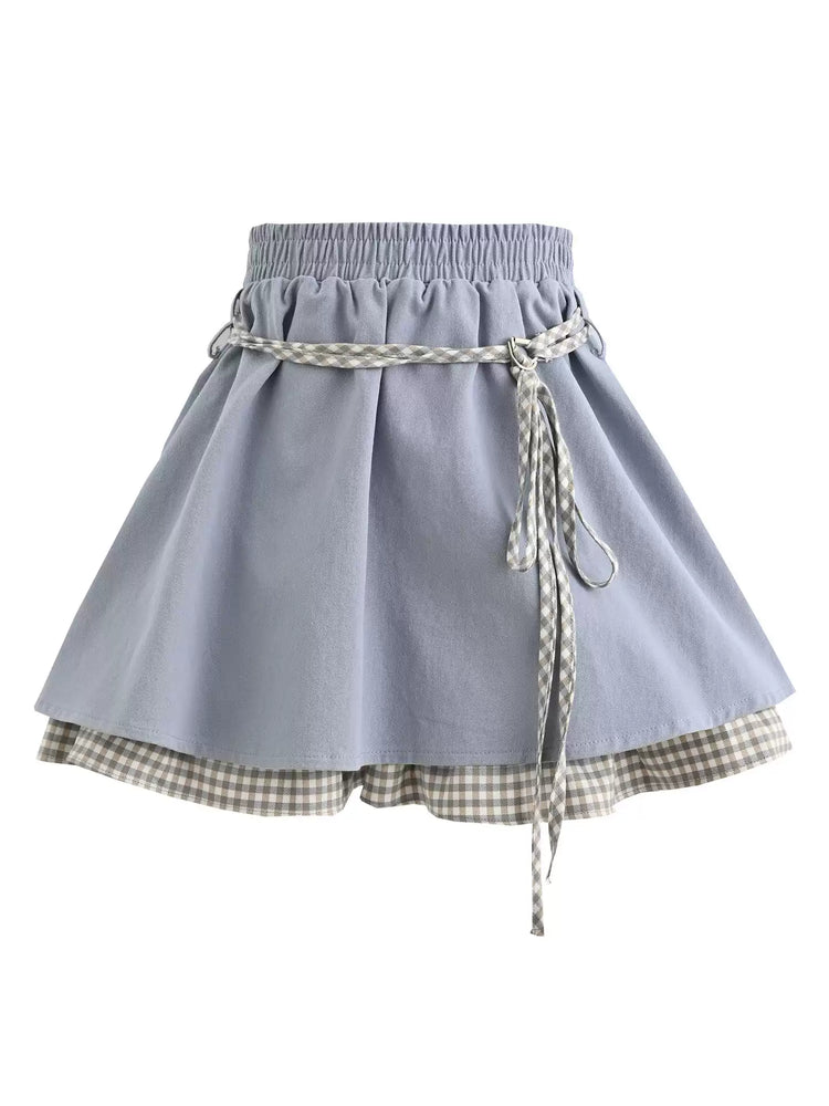 Cloud Frost Gingham Layer Skirt-Bottoms-ntbhshop