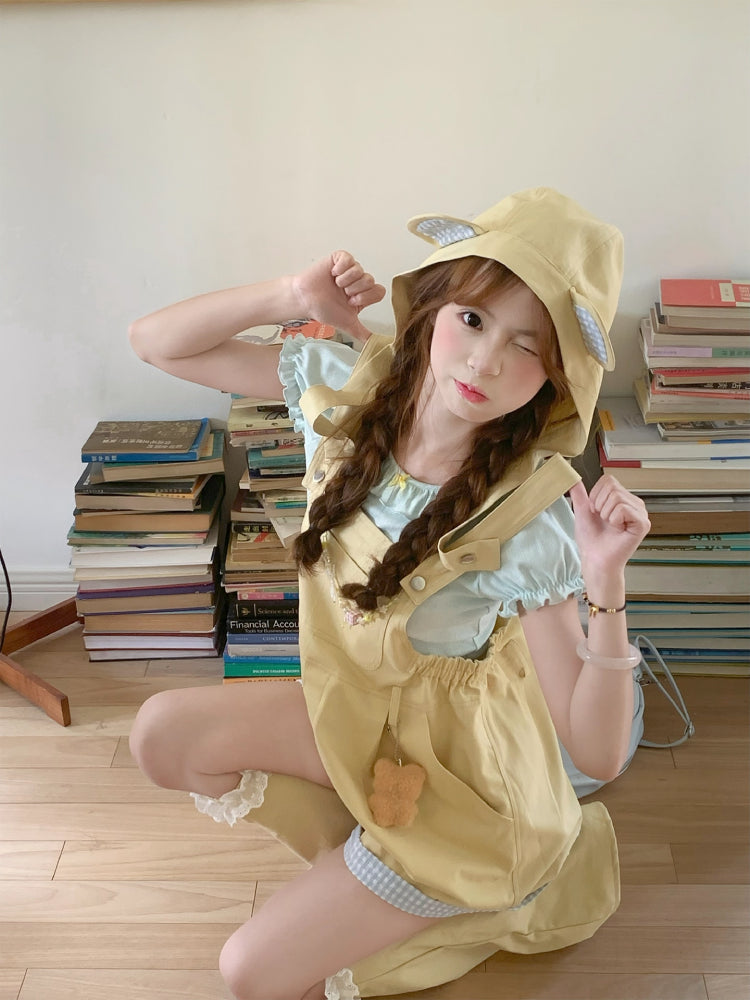 Honey Bear Cub Puff Sleeve Blouse & Overall Shorts-ntbhshop
