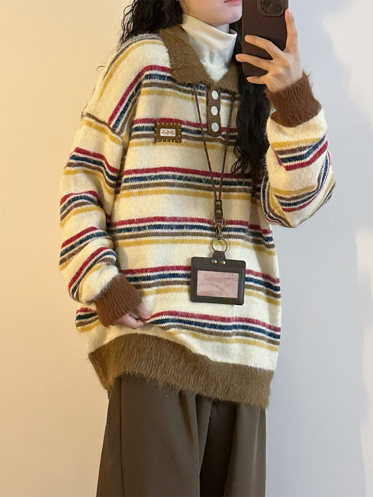 Fern Cloud Stripe Polo Sweaters-Tops-ntbhshop