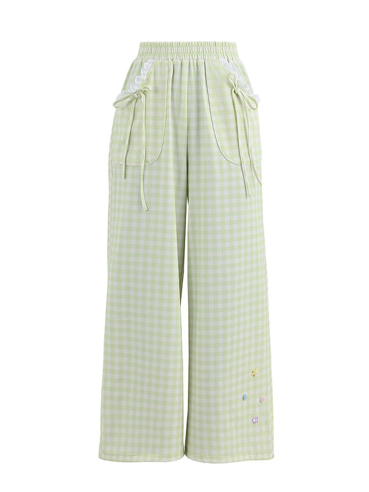 Matcha Gingham Wide Leg Pants-Bottoms-ntbhshop
