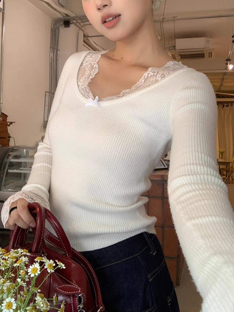 Coquette Lace Long Sleeve Knit Tops-ntbhshop