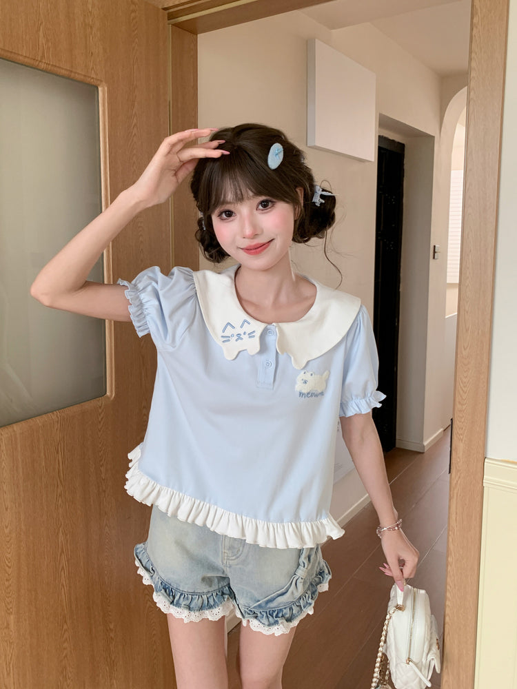 Kitten Sailor Collar Blouse-Tops-ntbhshop