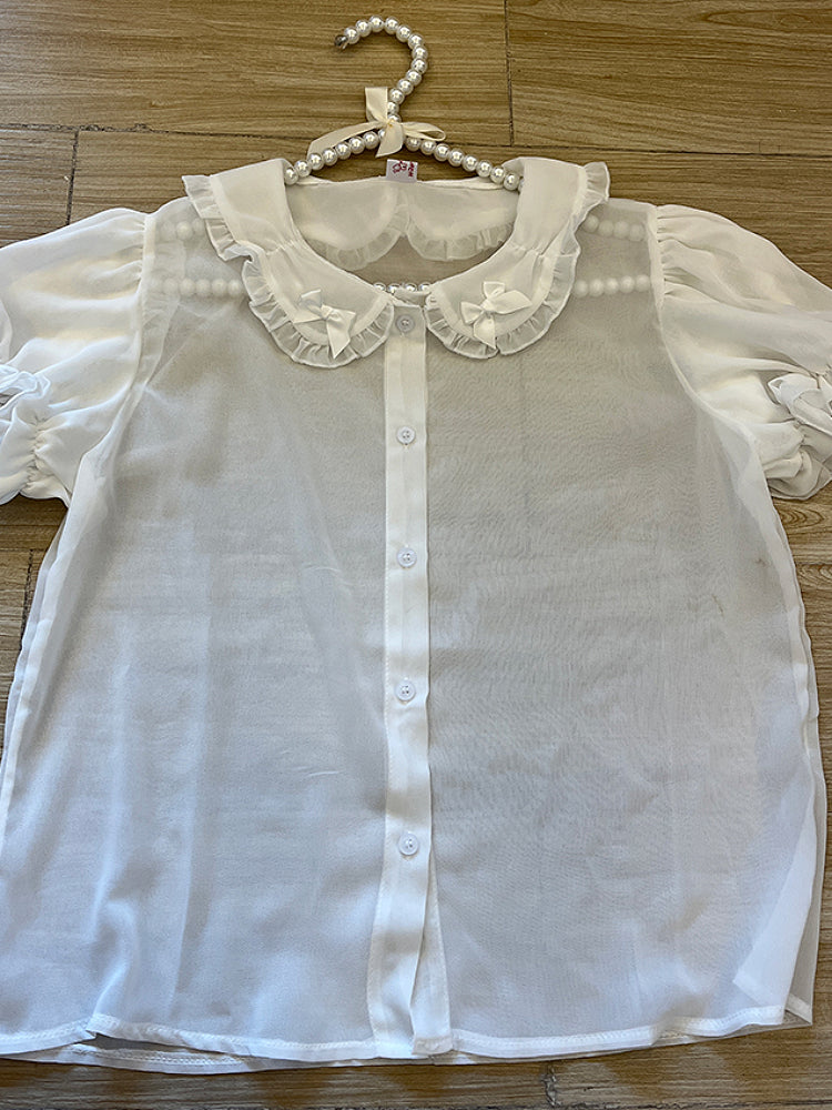 Misty Petal Sheer Bow Doll Collar Blouses-ntbhshop