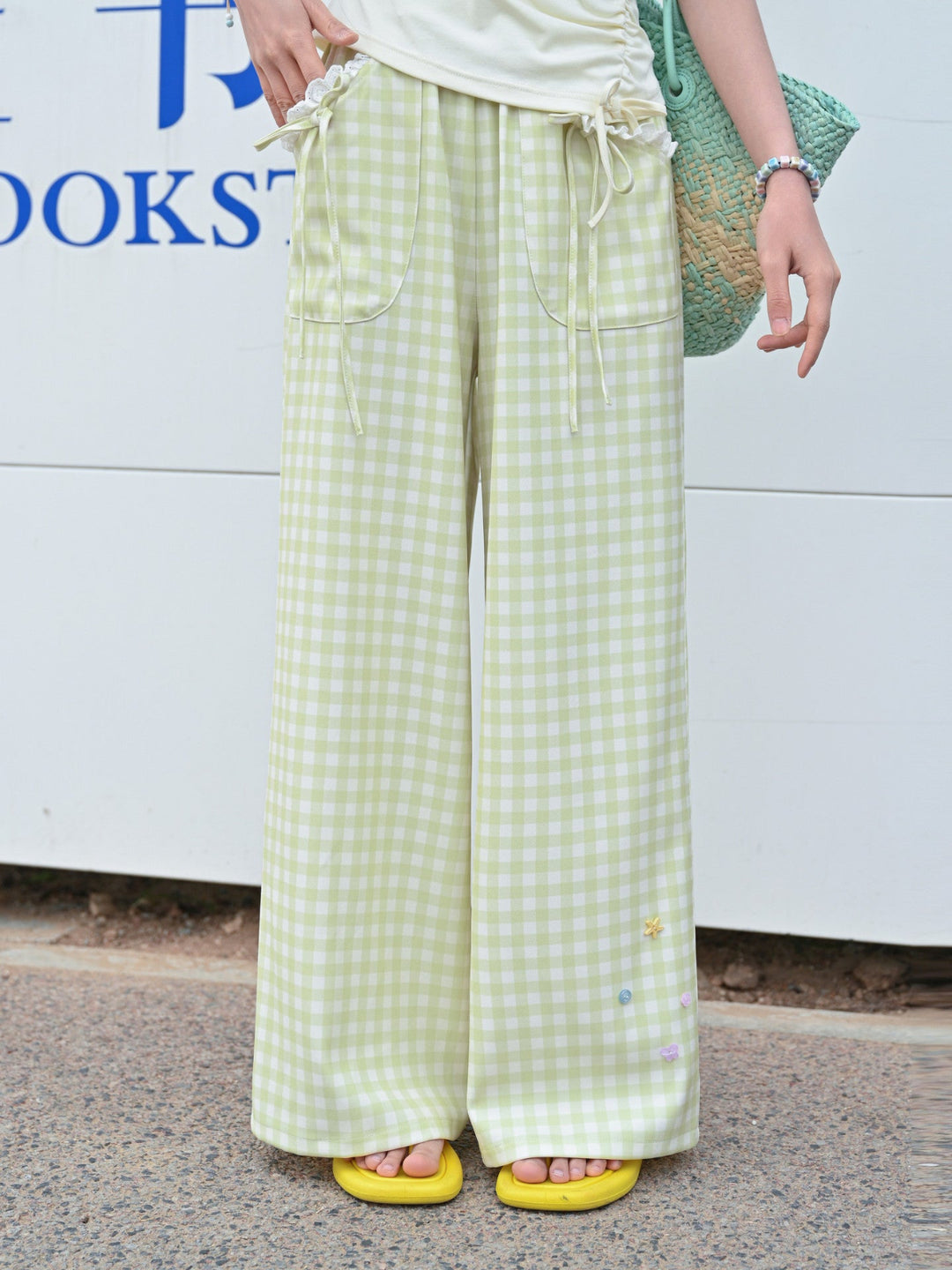 Matcha Gingham Wide Leg Pants-Bottoms-ntbhshop