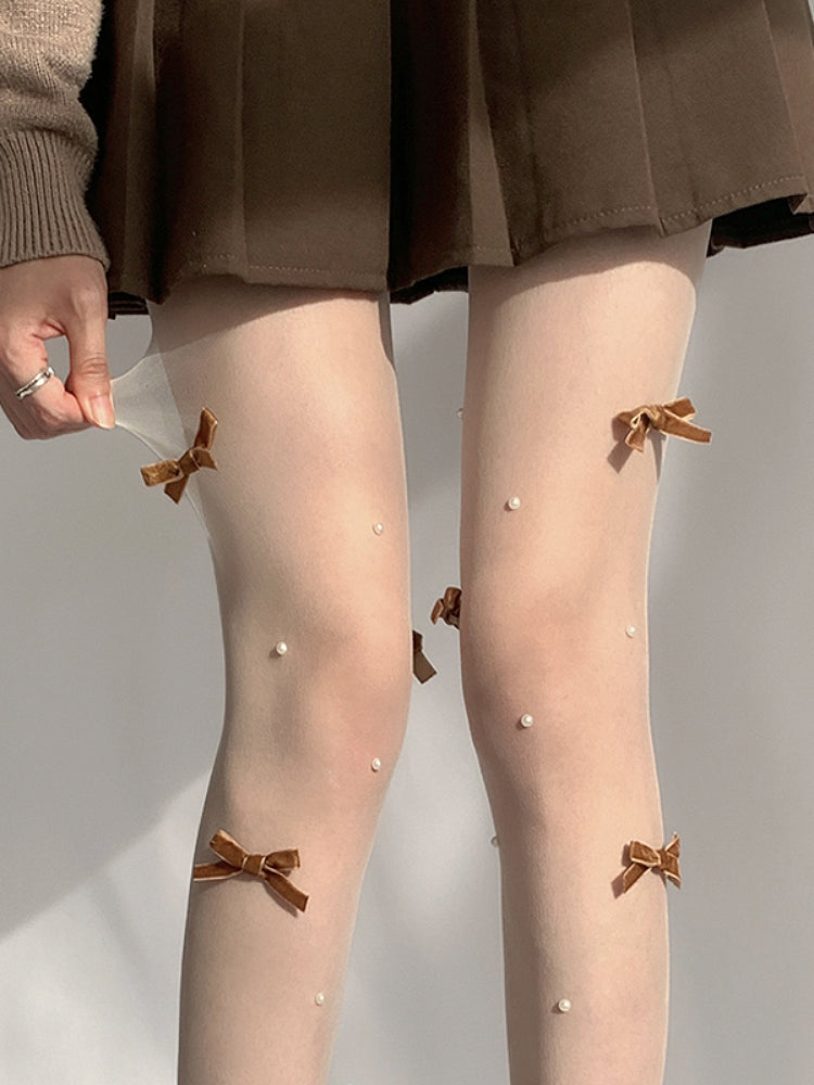 Cream Puff Lolita Bow Pearl Tights-ntbhshop