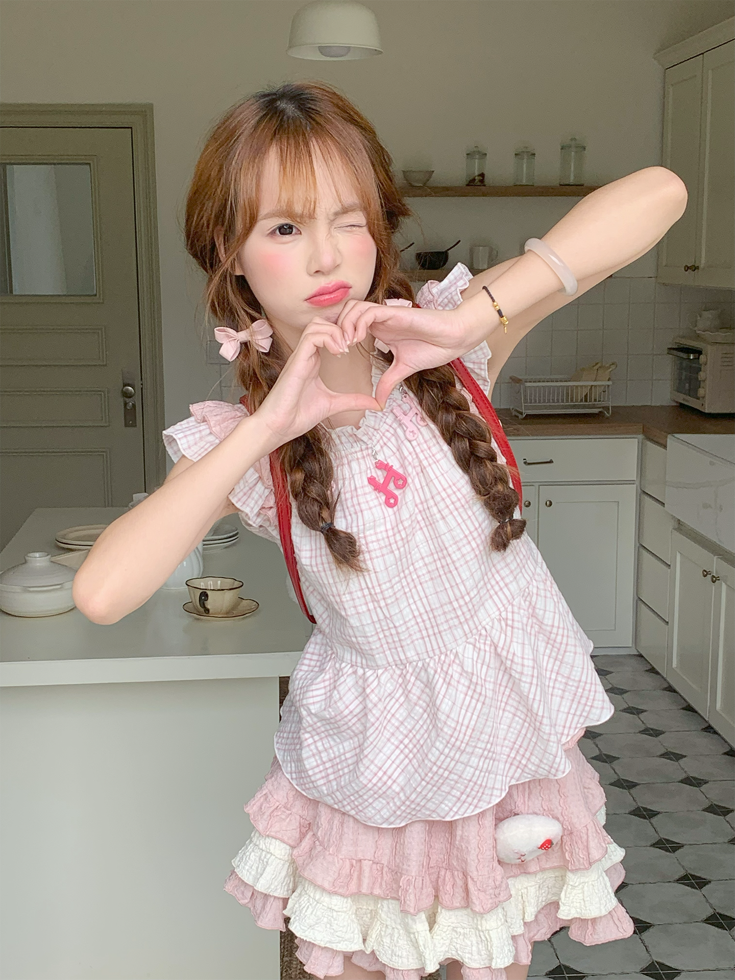 Peach Bubble Fairy Sleeve Plaid Top & Layer Cake Skirt-ntbhshop