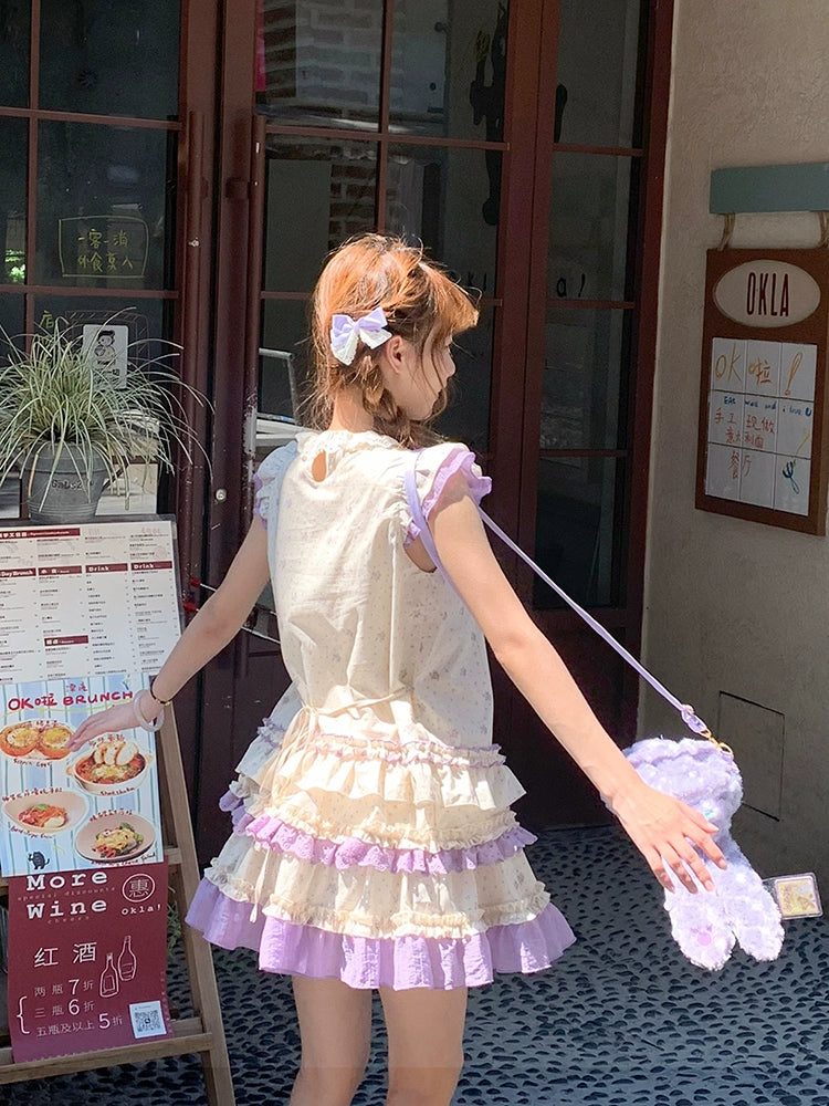 Lavender Bloom Fairy Sleeve Blouse & Layer Cake Skirt-ntbhshop