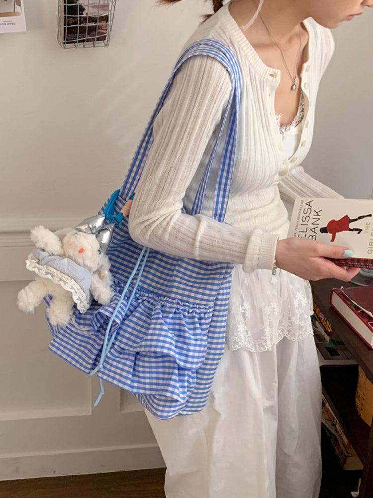 Cloud Check Gingham Ruffle Tote Bags-ntbhshop