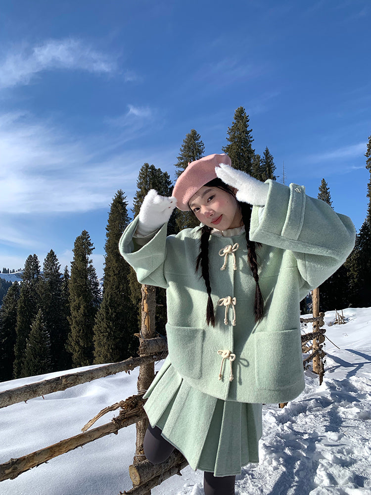 Mint Cloud Woolen Jacket & Pleated Skirt-ntbhshop