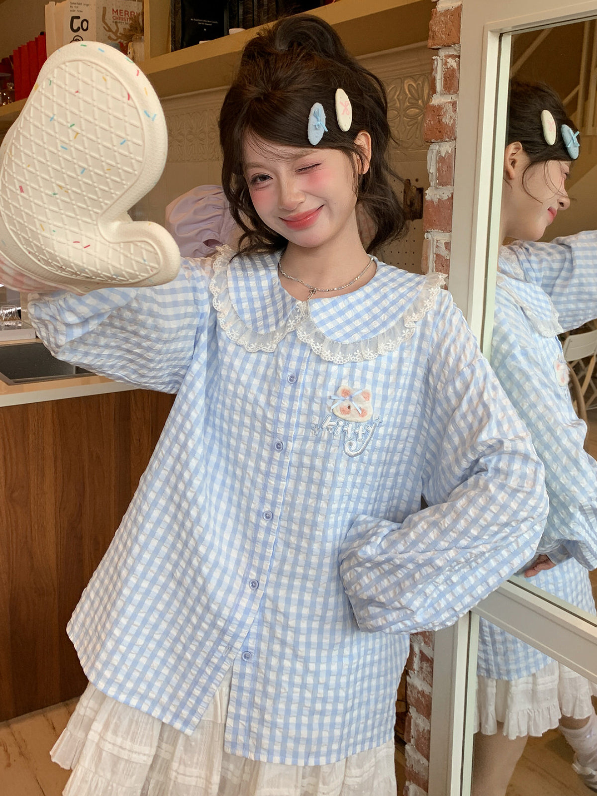 Cloud Kitten Check Doll Shirt-Tops-ntbhshop
