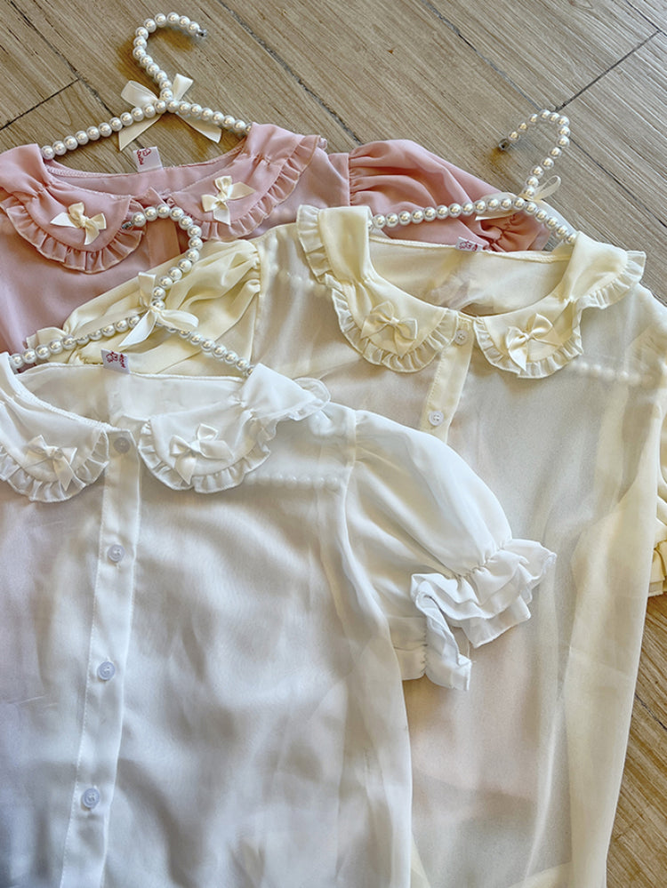 Misty Petal Sheer Bow Doll Collar Blouses-ntbhshop