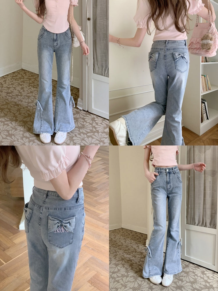 Bow Pocket Flare Jeans-Bottoms-ntbhshop