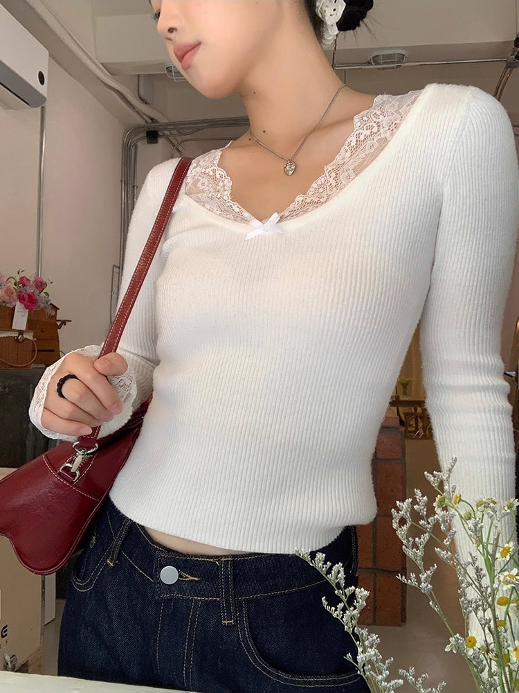 Coquette Lace Long Sleeve Knit Tops-ntbhshop