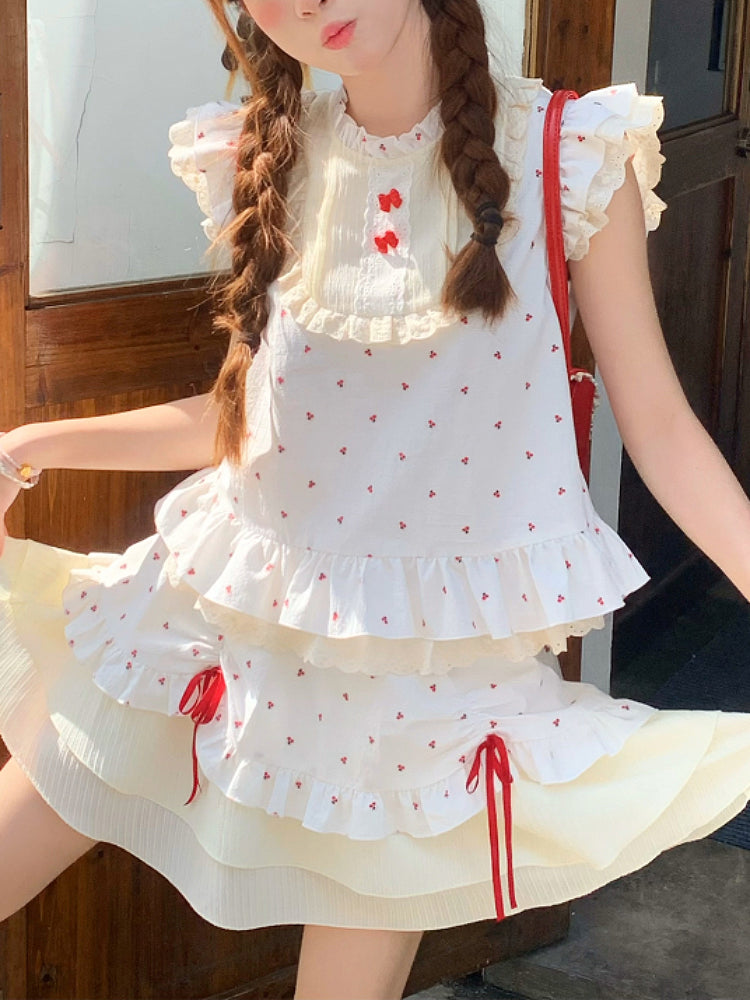 Red Petal Fairy Sleeve Blouse & Cake Skirt-ntbhshop