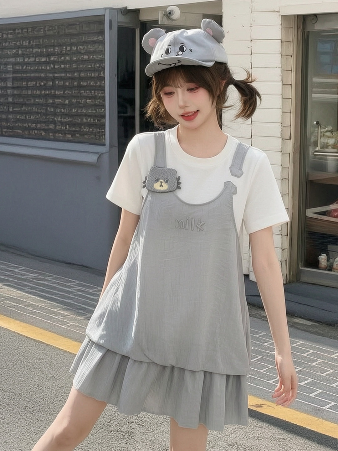 Milk Cat Pinafore Dress-Dresses-ntbhshop