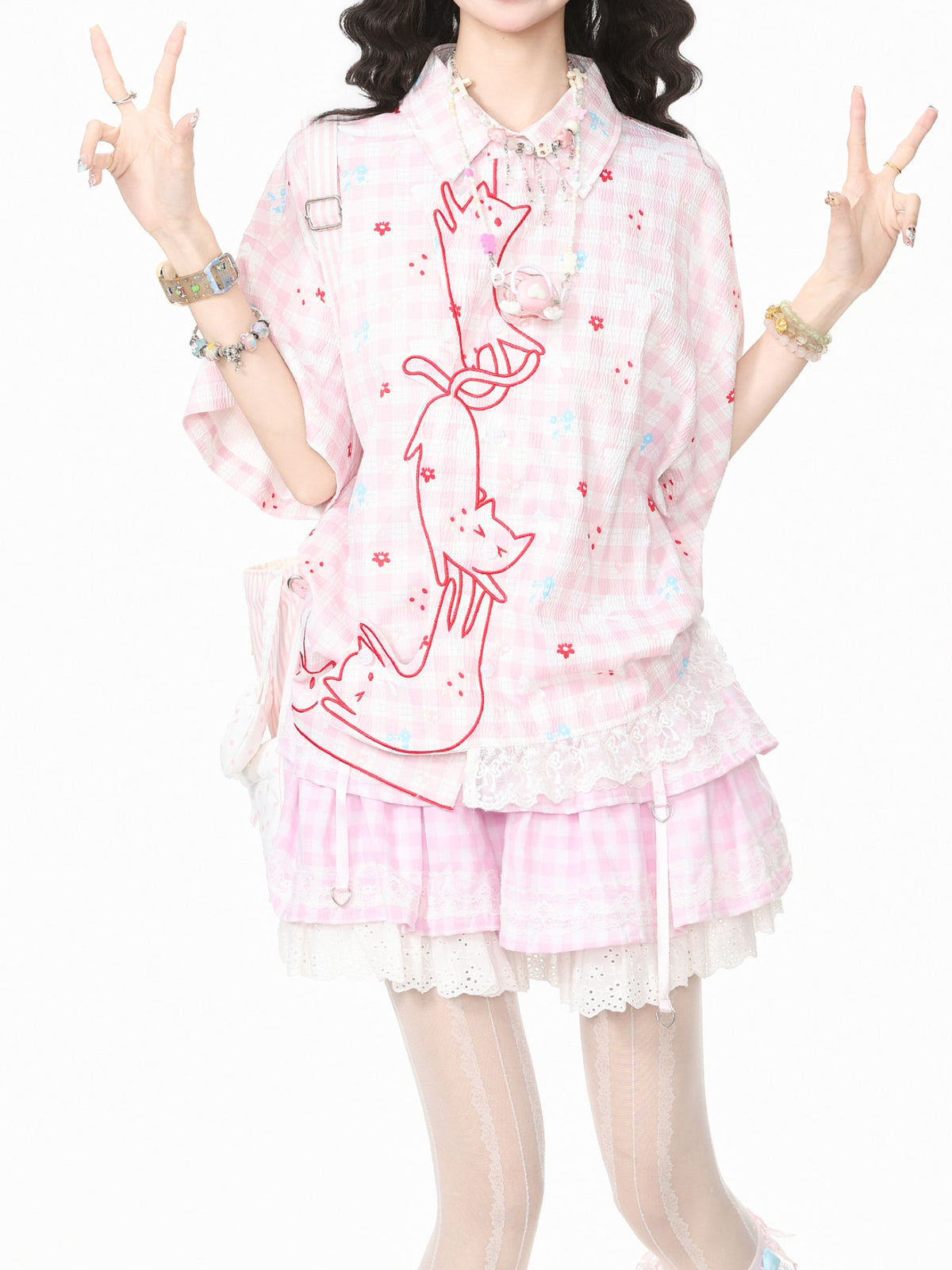 Kitty Twirly Plaid Shirts-Tops-ntbhshop