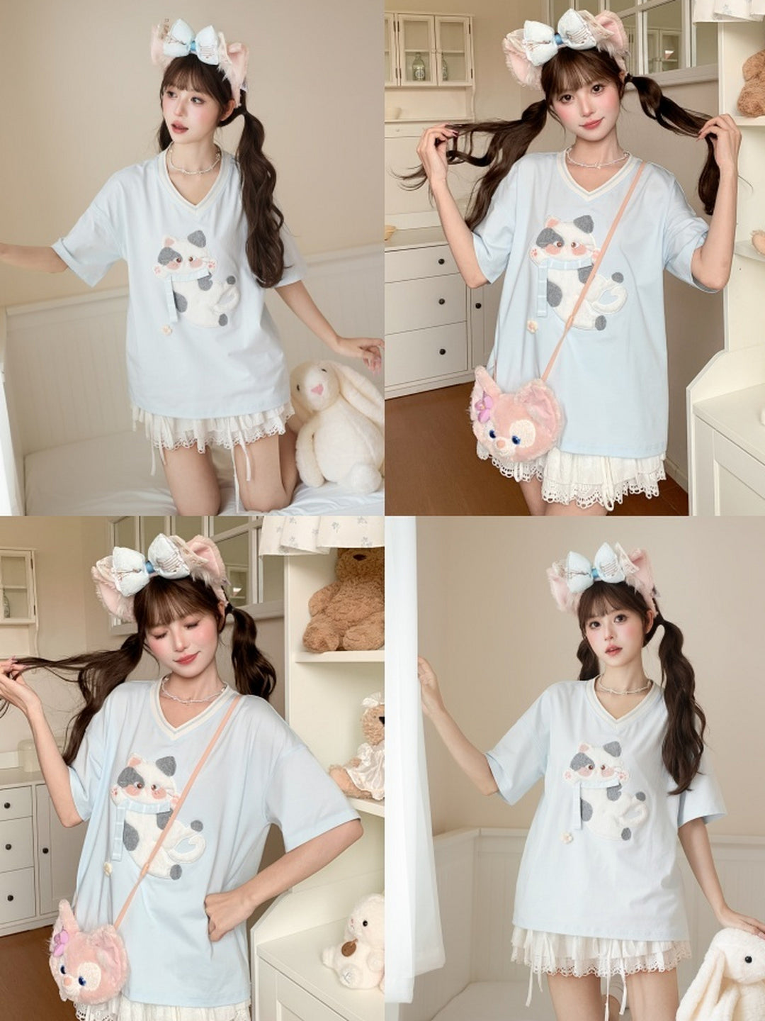 Kitty Cloud V-Neck Tee-Tops-ntbhshop
