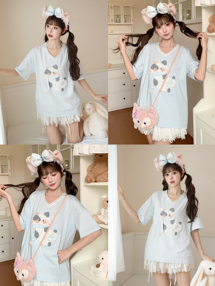 Kitty Cloud V-Neck Tee-Tops-ntbhshop