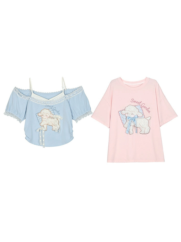Lamb Love Cute Patch Short Sleeve Tee & Off Shoulder Top-ntbhshop