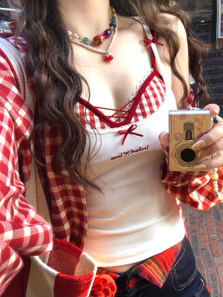 Hot Pop Ribbed Lace-Up Cami & Gingham Bralette Sets-ntbhshop