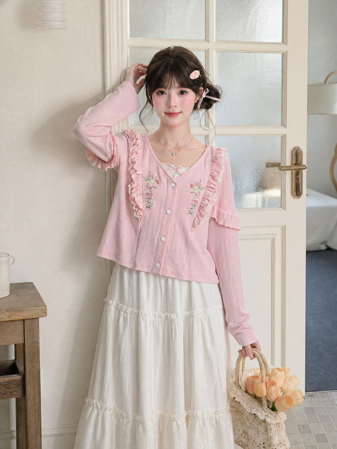 Rosy Bloom Ruffle Cardigan-Outerwear-ntbhshop