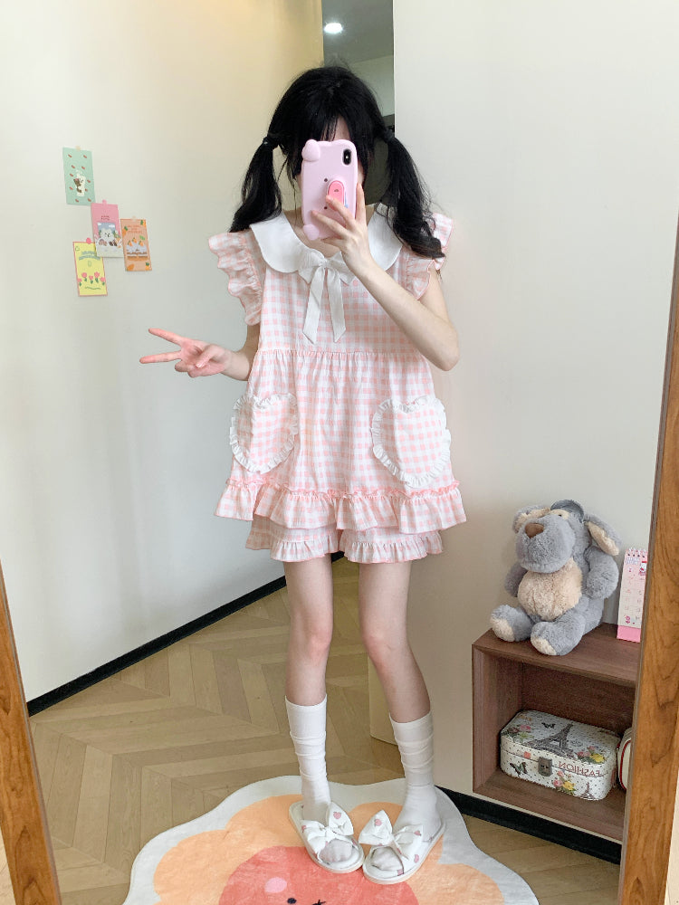 Peachy Gingham Night Fairy Sleeve Pajamas Set-ntbhshop