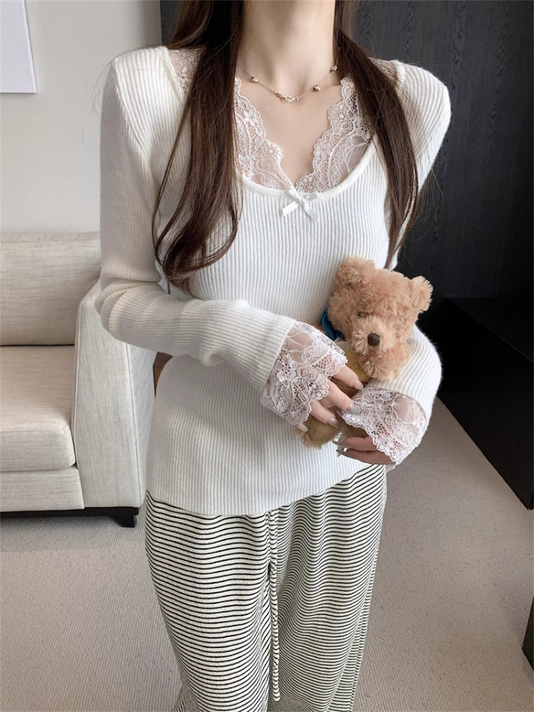 Coquette Lace Long Sleeve Knit Tops-ntbhshop