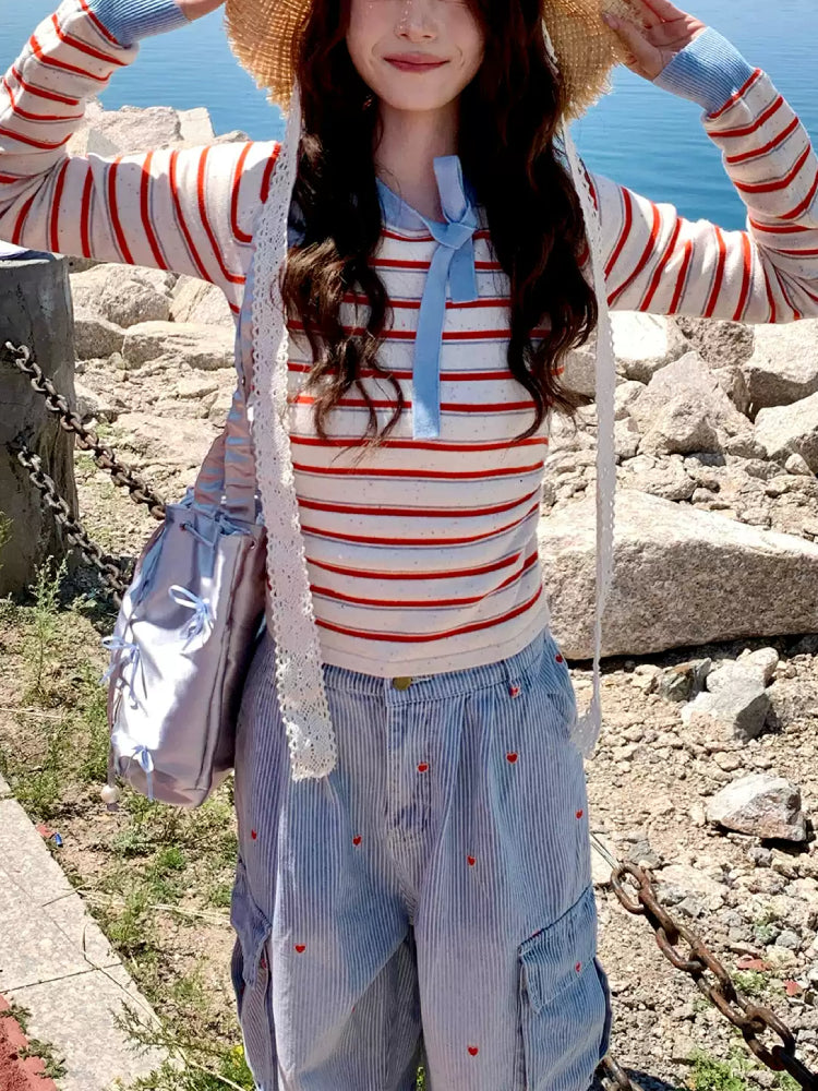 Cherry Cherry Stripe Slim Knit Tops-ntbhshop