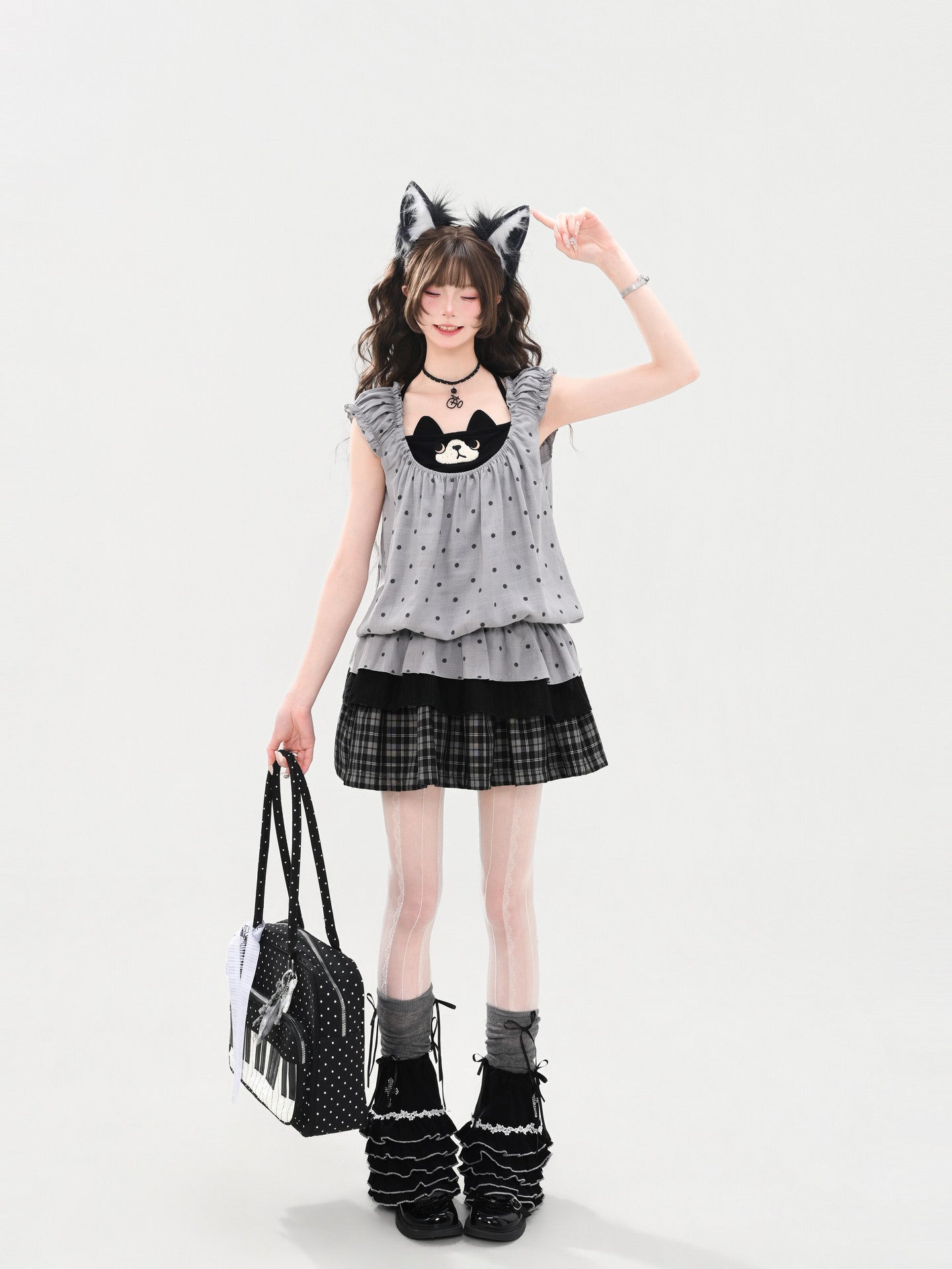Milk Cat Halter Layered Dress-Tops-ntbhshop
