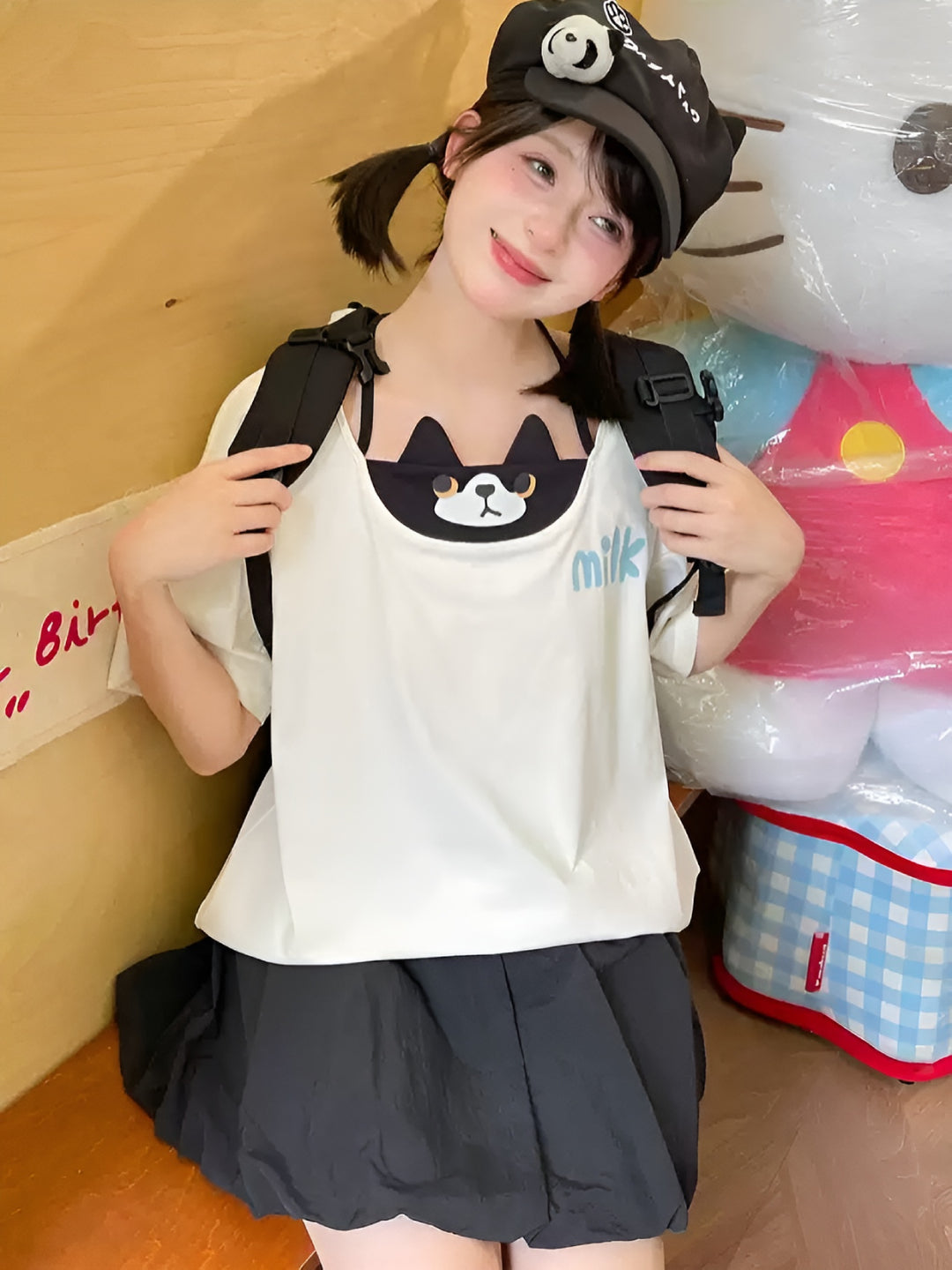 Milk Cat Layered Tee & Bubble Skirt-Sets-ntbhshop