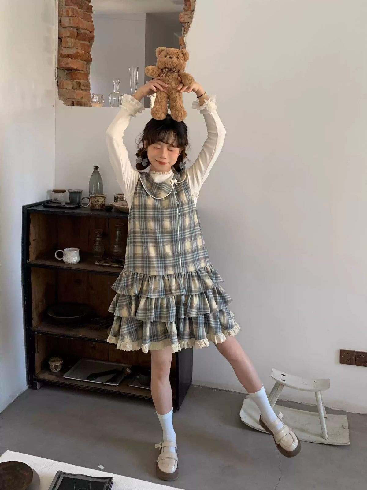 Butter Bloom Base Top & Check Cake Dress-Sets-ntbhshop