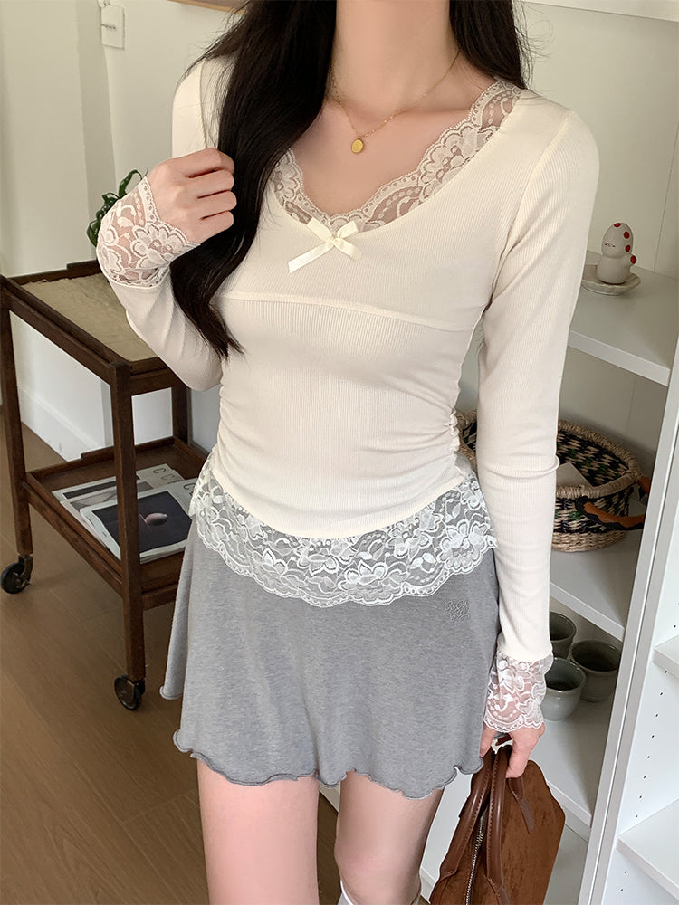 Lace Petal Lace Long Sleeve Tops-ntbhshop