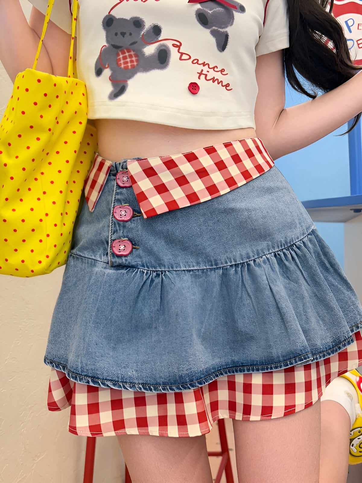 Picnic Gingham Denim Skirt-Bottoms-ntbhshop