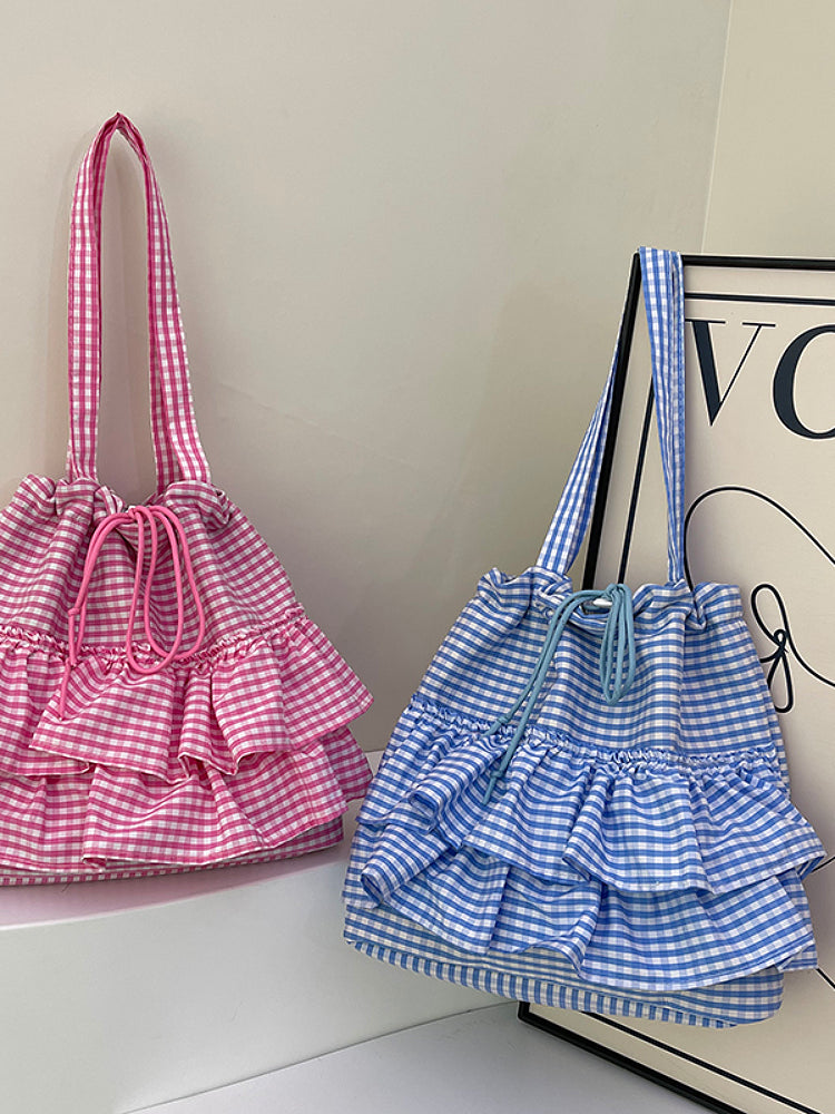 Cloud Check Gingham Ruffle Tote Bags-ntbhshop