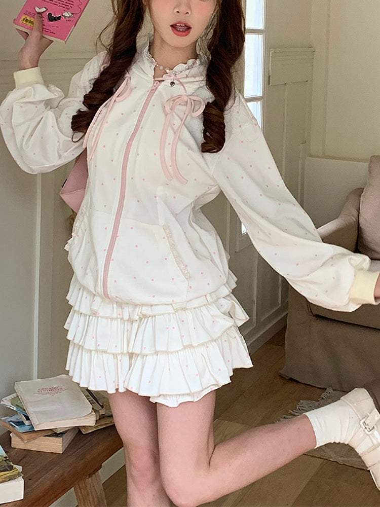Berry Milkshake Dot Hooded Jacket & Cake Skirt-ntbhshop
