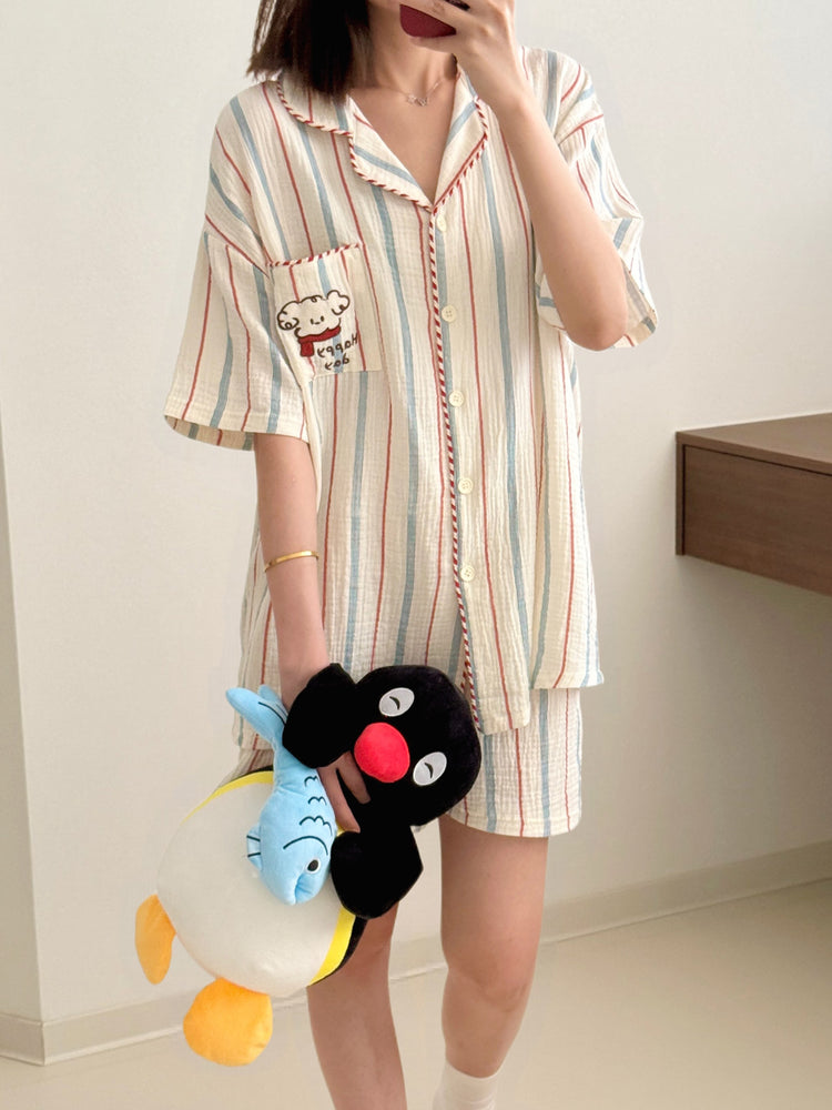 Puppy Stripe Double-Gauze Pajama Set-Sets-ntbhshop