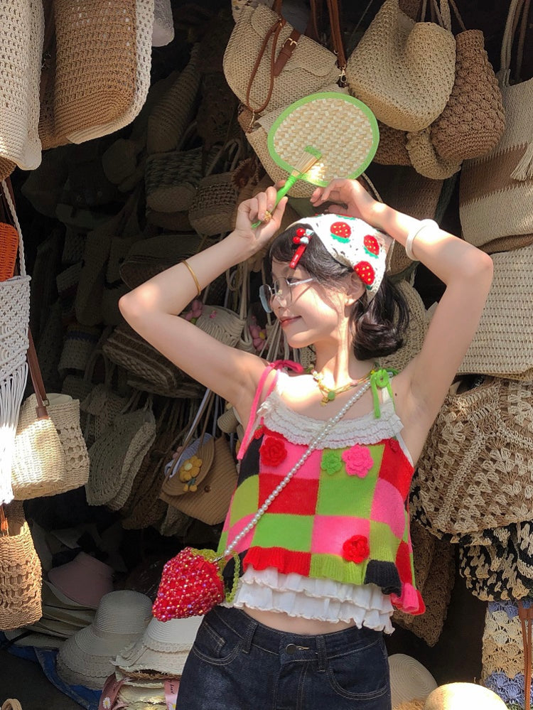 Candy Patch Checkered Flower Knit Vests-ntbhshop