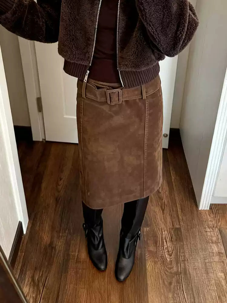Cocoa Suede Pencil Skirt-Bottoms-ntbhshop