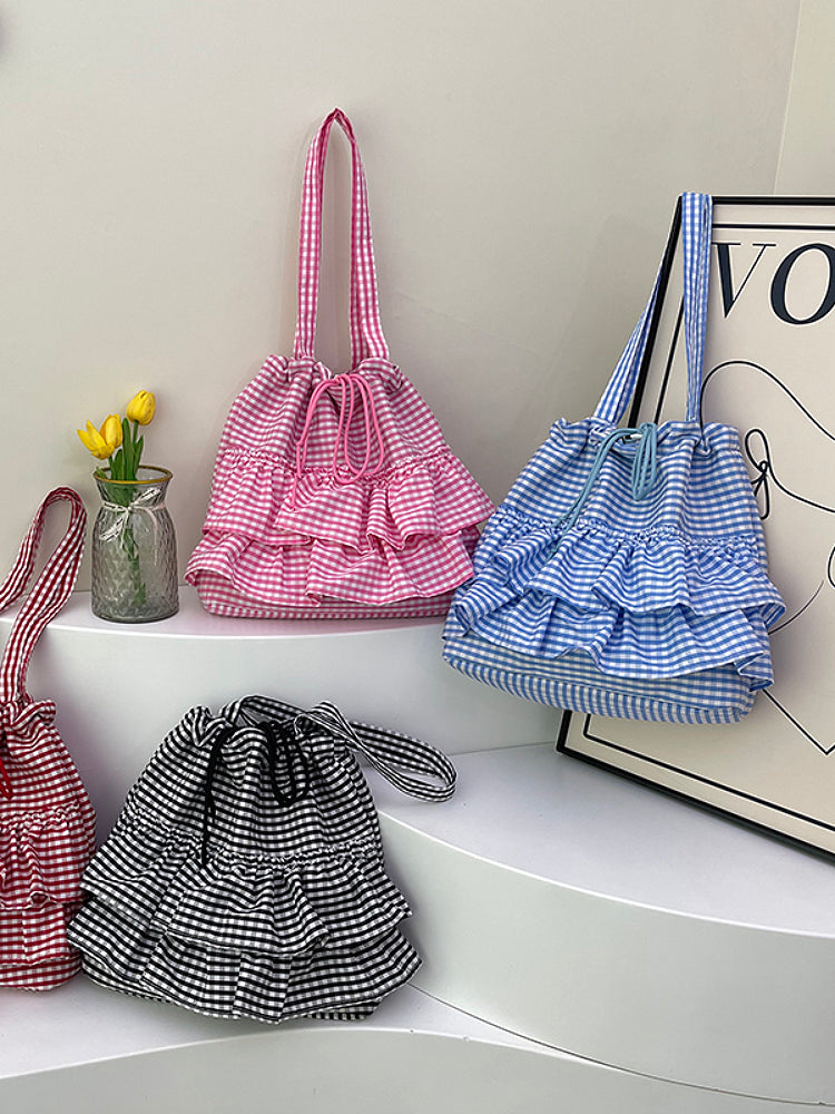 Cloud Check Gingham Ruffle Tote Bags-ntbhshop