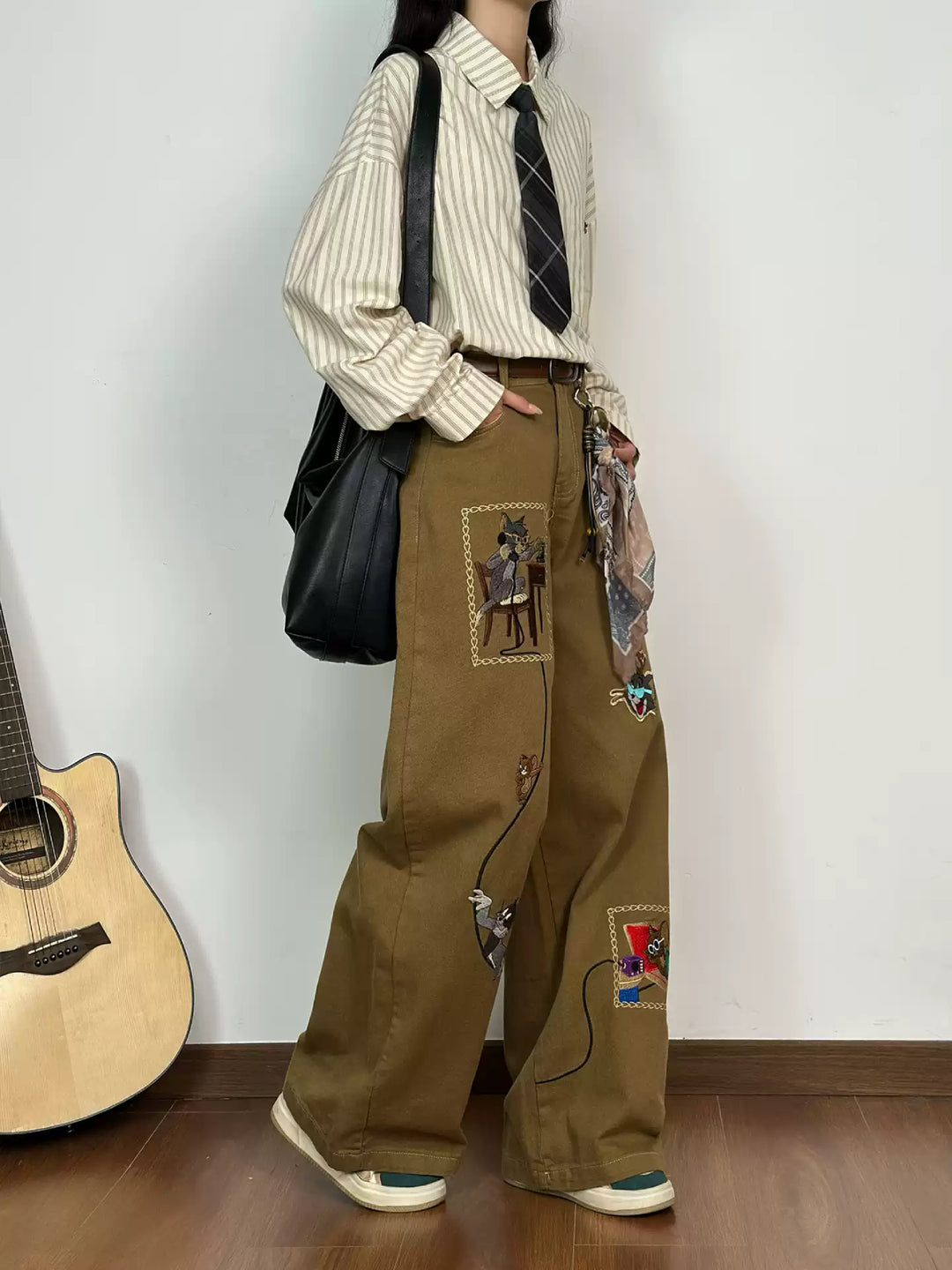 Library Cat Story Wide Leg Pants-Bottoms-ntbhshop