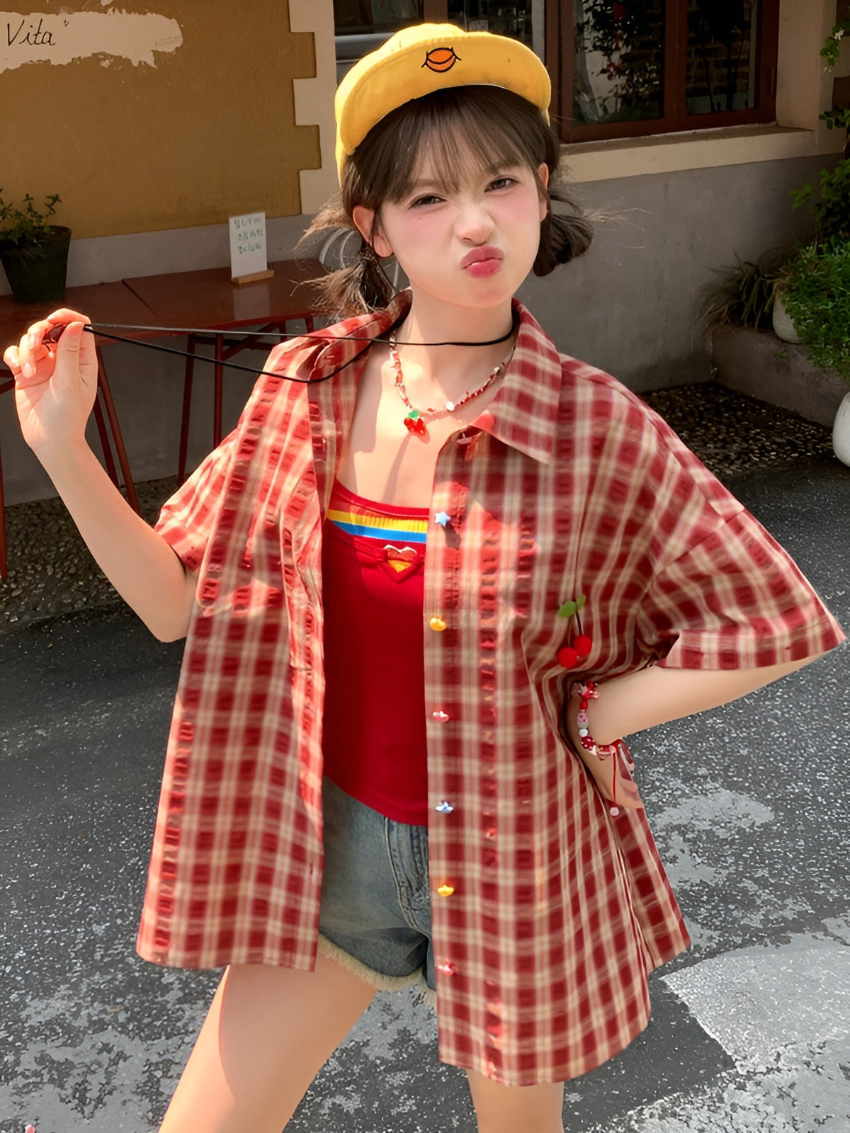 Dopamine Fruit Plaid Shirt Jackets-Tops-ntbhshop