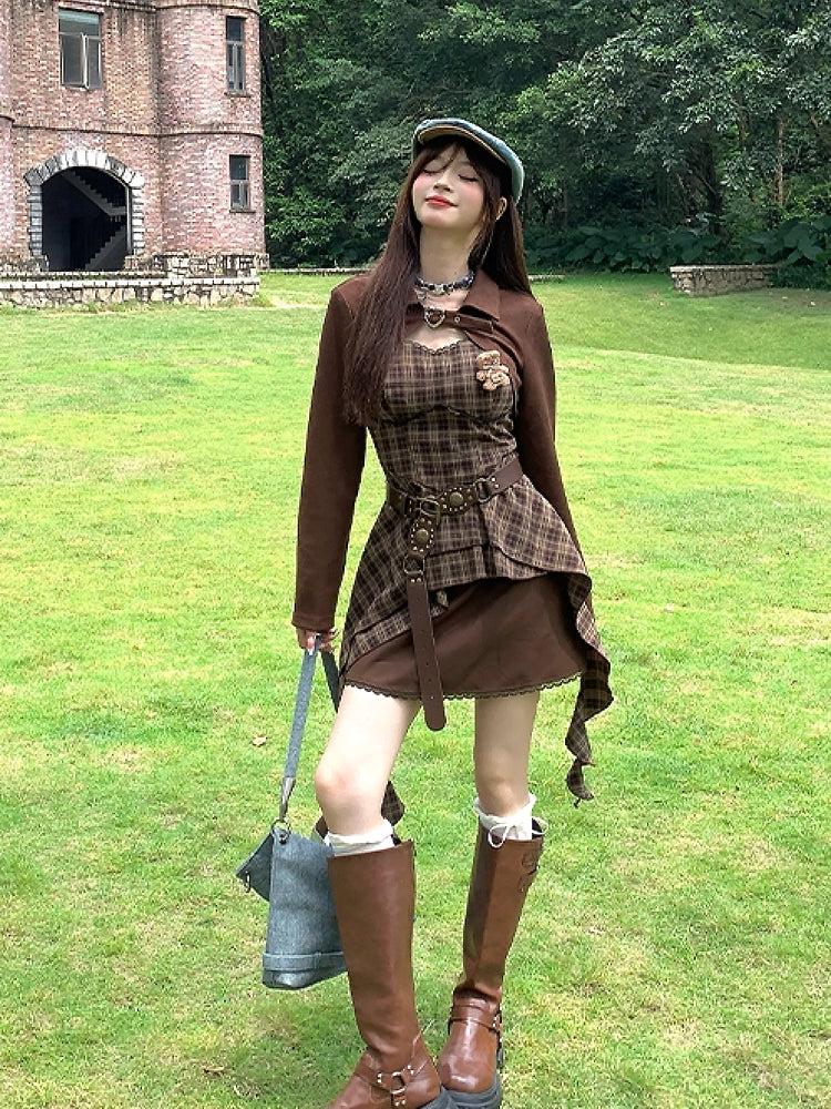 Cappuccino Crop Jacket & Plaid Dress-ntbhshop