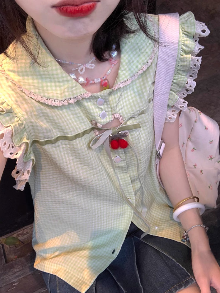 Cherry Pop Fairy Sleeve Gingham Blouses-ntbhshop